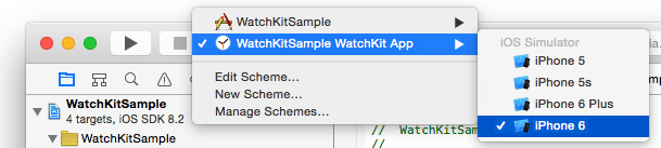 Selecting the WatchKit app run target in Xcode
