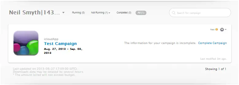 An iAds Workbench Add Campaign ready to run