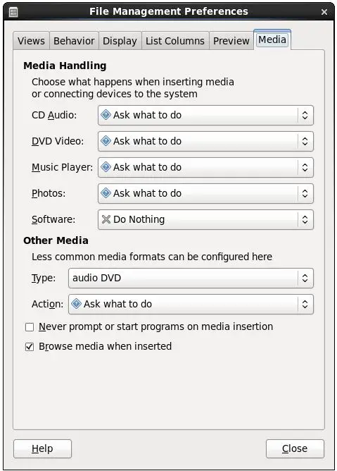 The RHEL 6 file manager media settings