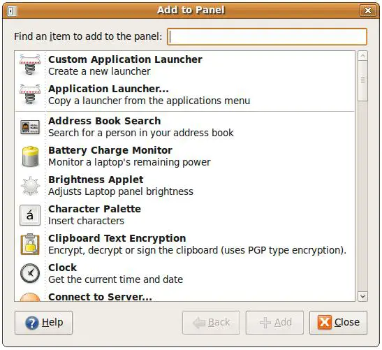 GNOME Add to Panel Dialog