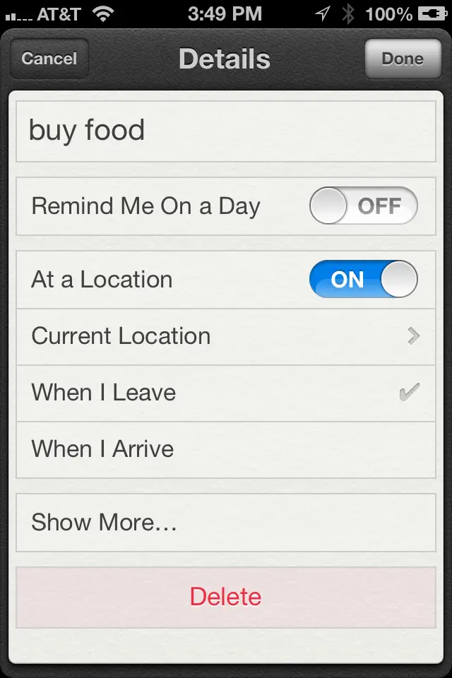 A location based reminder in the Reminders App