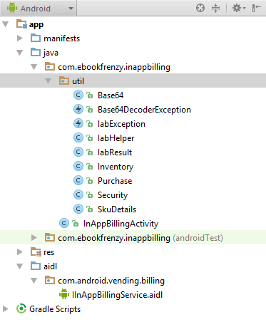 The hierarchy of a fully configured Android Studio in app billing project