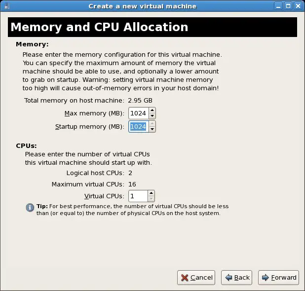 New KVM based virtual machine memory and CPU settings