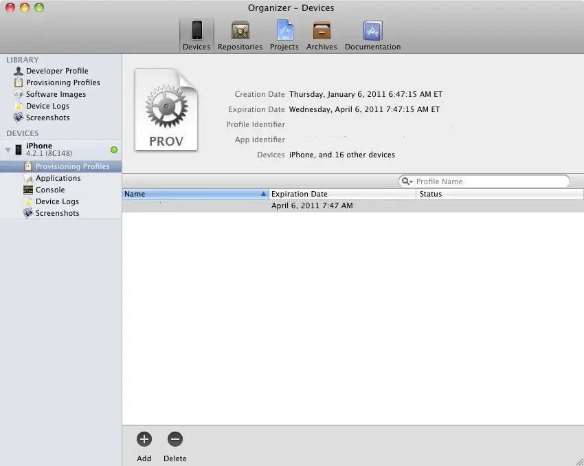 An iOS 5 iPhone provisioning profile installed in Xcode organizer window