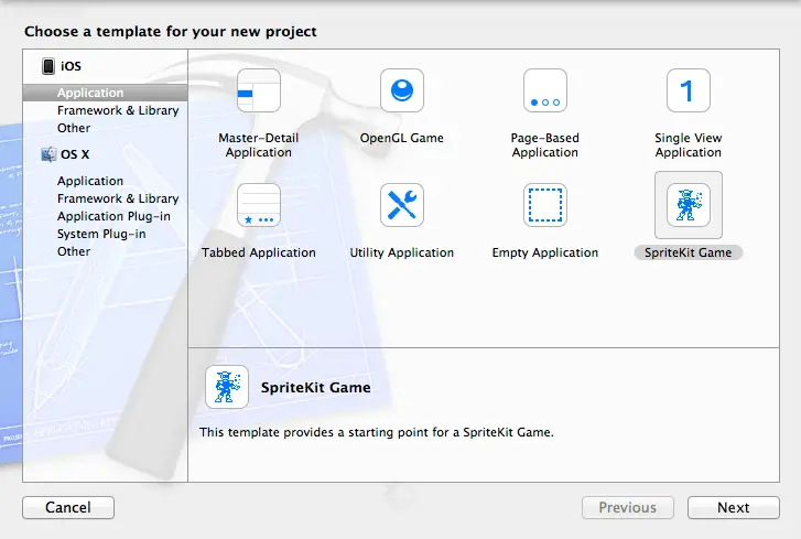 Selecting the Xcode 5 Sprite Kit Game project template