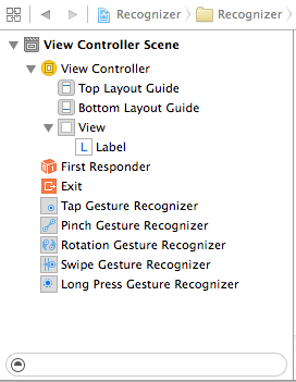 Gesture recognizers listed in the Xcode document outline panel
