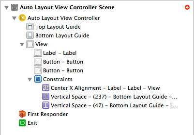 Auto Layout constraints in the Xcode 5 document outline panel
