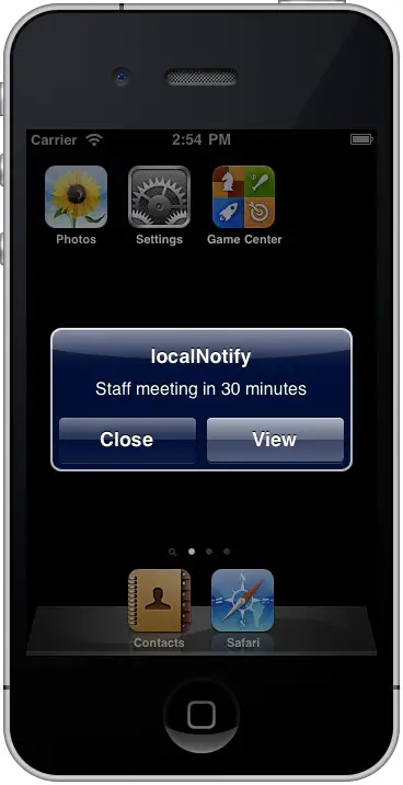 An iOS 4 iPhone local notification message in the iOS Simulator