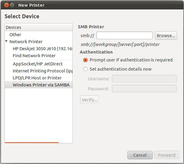 Adding a windows printer to an Ubuntu 11.04 system