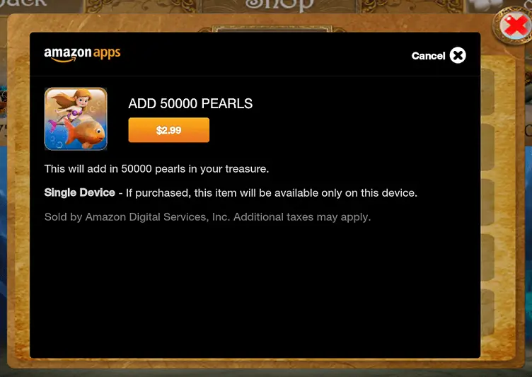 An example Kindle Fire in-app purchase
