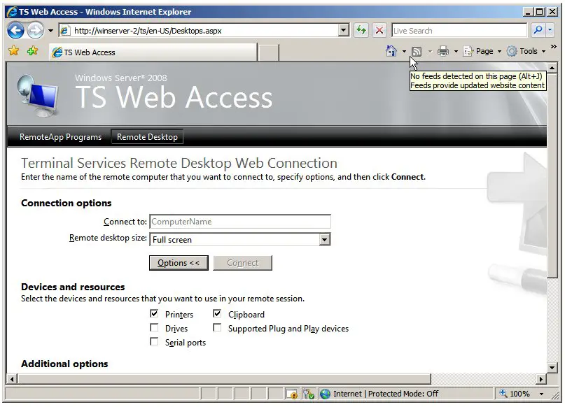 Windows Server 2008 TS Web Access web page