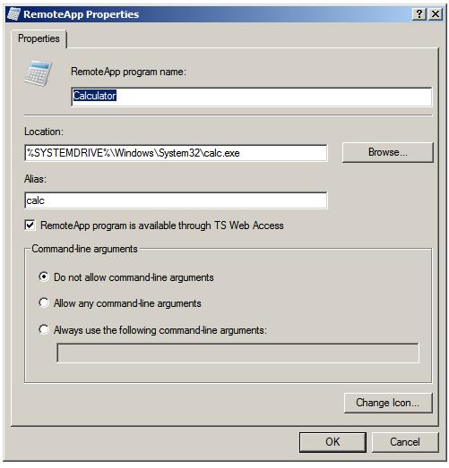 The Windows Server 2008 RemoteApp Properties dialog