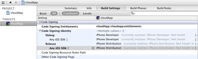 Xcode build settings distribution certificate