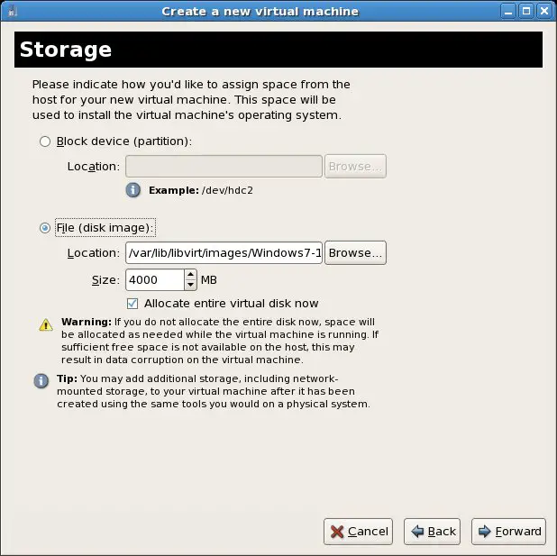 Configuring storage for a CentOS KVM Virtual Machine