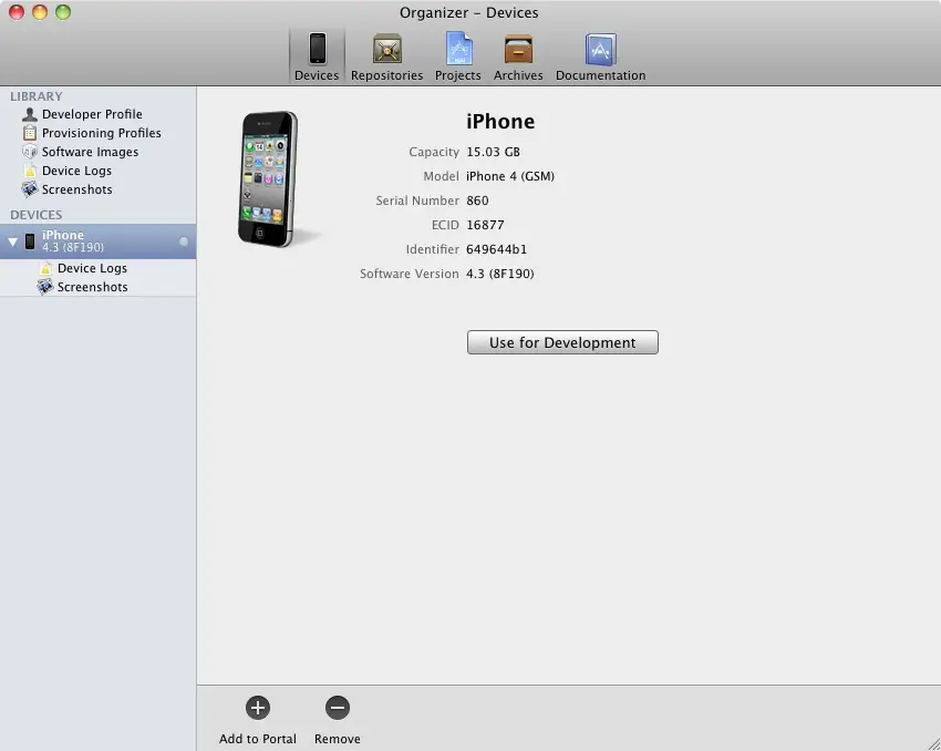 Xcode Organizer Window showing iOS 5 iPhone device