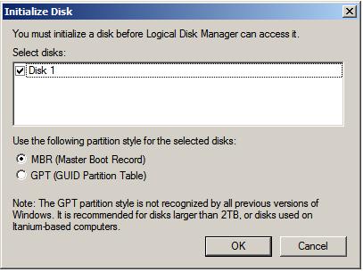 The Windows Server 2008 disk initialization dialog
