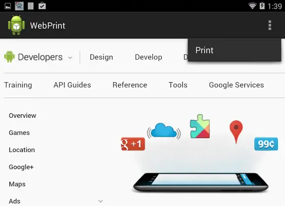 The Print menu option added to the Overflow menu of an Android app