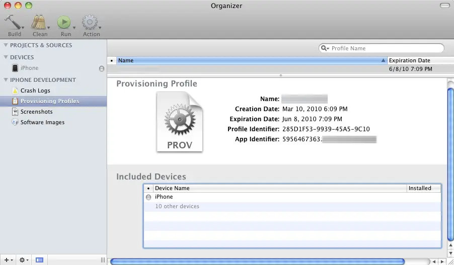 An iPhone Provisioning Profile installed into the Xcode Organizer