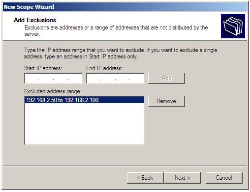 Define exclusion ranges for a DHCP scope