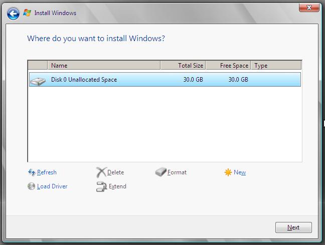 Selecting a Windows Server 2008 R2 destination installation disk