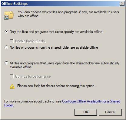 Configuring Windows Server 21008 R2 off-line file sharing/caching settings