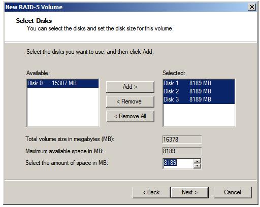 Selecting disks for a Windows Server 2008 RAID 5 configuration