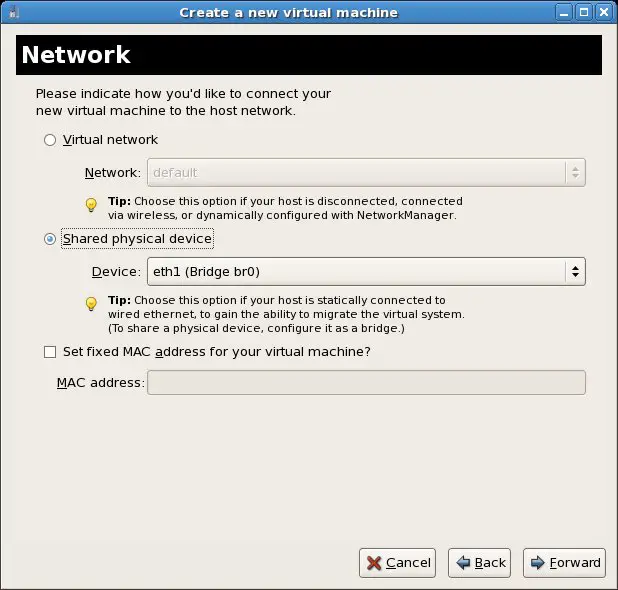 Selecting a Network Bridge for a CentOS KVM virtual machine