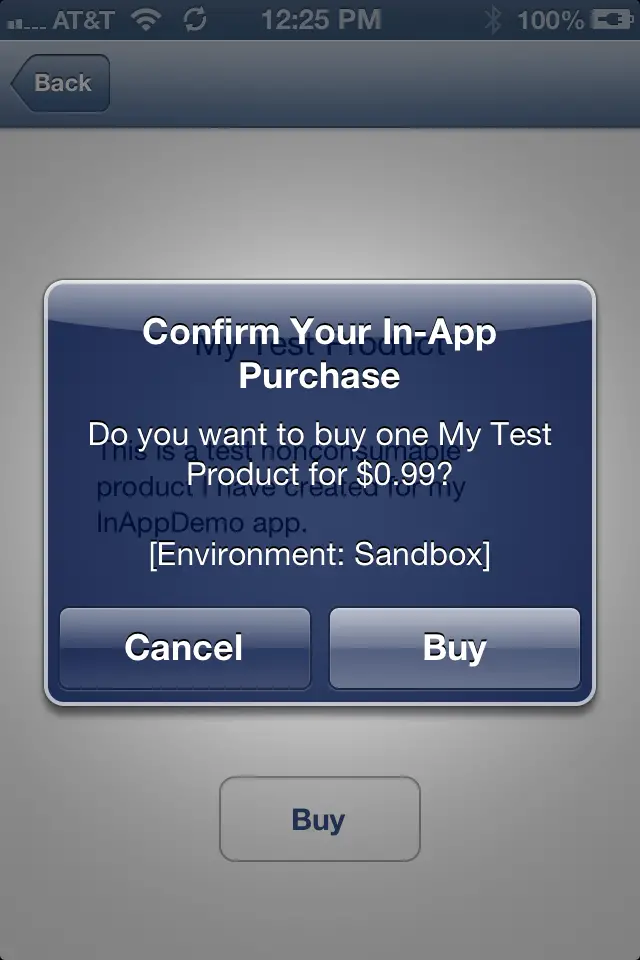 The iPhone iOS 6 In-App Purchase confirmation dialog
