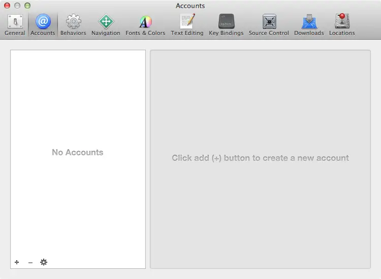 The Accounts panel of the Xcode 5 Preferences screen