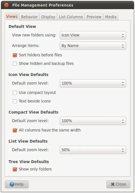 The preferences panel for the Ubuntu 11.04 Unity file manager