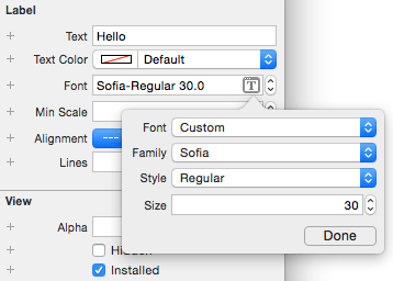 A custom font listed in Xcode