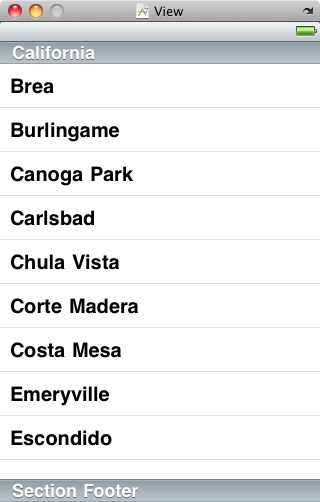 An iOS 4 iPhone view with a table view