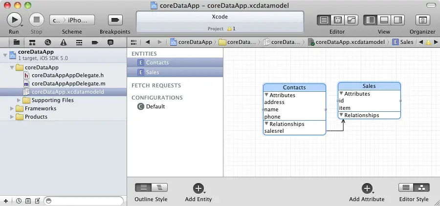 An iOS 5 Xcode data model showing entity relationships