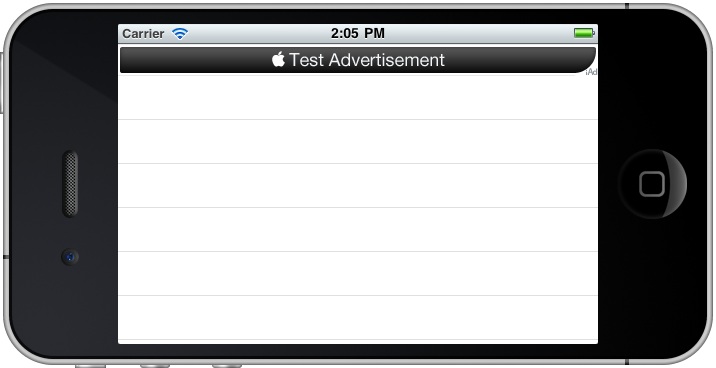 An iOS 4 iPhone app running with an iAds banner diaplayed in landscape
