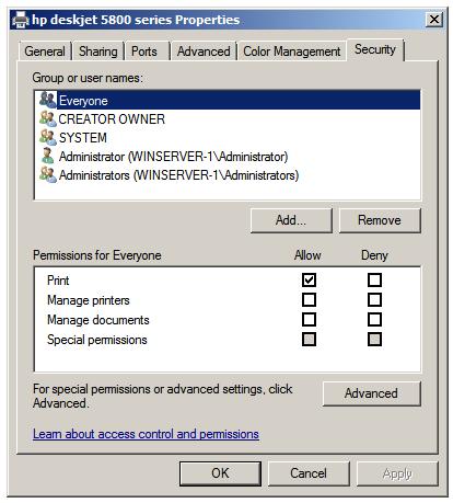 Windows Server Printer permissions