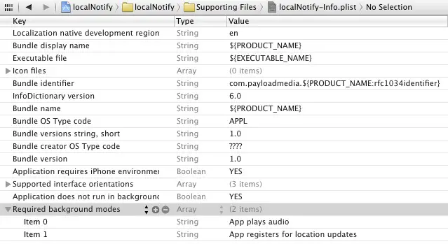 Xcode iOS 5 project Info.plist file configured for background audio and location tracking