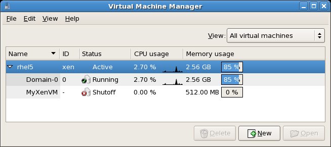 A list of Xen based virtual machines shown in the virt-manager window