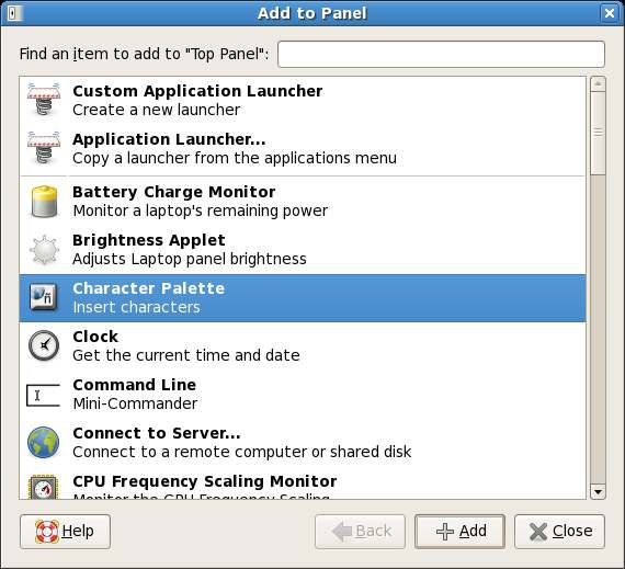 GNOME Add to Panel Dialog