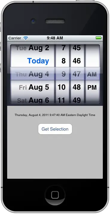 An iOS 5 iPhone UIDatePicker application running