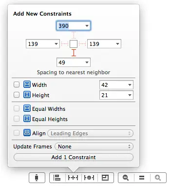 The Xcode 5 Auto Layout Pin menu - add a new constraint