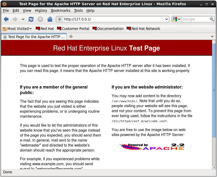 The RHEL 6 Apache test web page