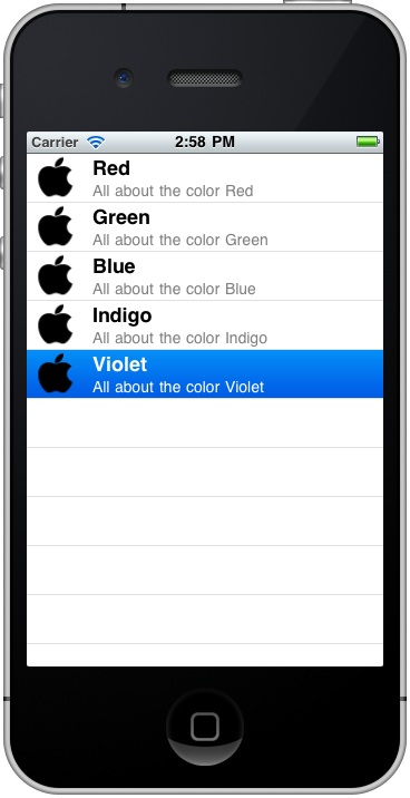An example iOS 4 iPhone Table View app with details and images
