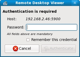 Vinagre requesting a password to access a remote desktop