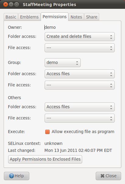 The Permissions Tab of the Ubuntu 11.04 Unity file manager properties panel