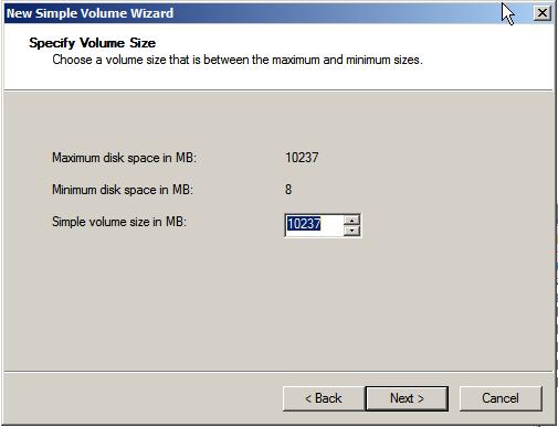 Windows Server 2008 R2 New Simple Volume Wizard - Setting volume size