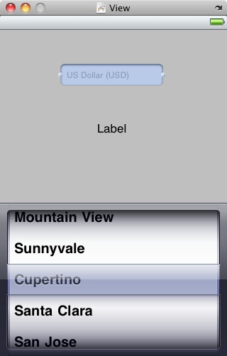 The view layout of an example iOS 4 iPhone PickerView example application