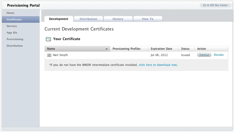 iOS 6 Developer portal listing certificate as ready