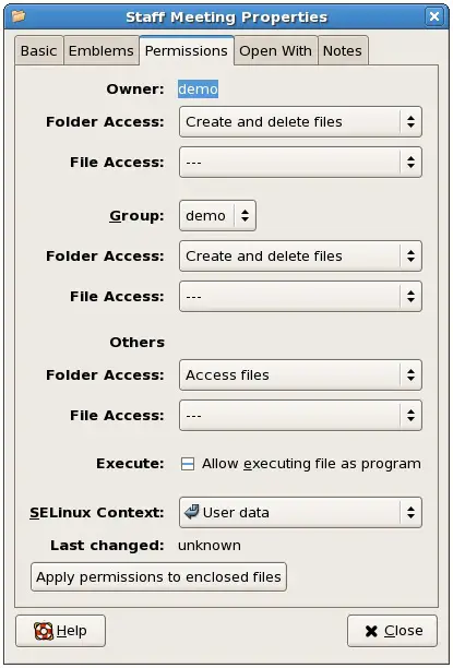 The CentOS file and folder permissions dialog