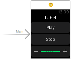 The scene layout for the Watch Connectivity example WatchKit app