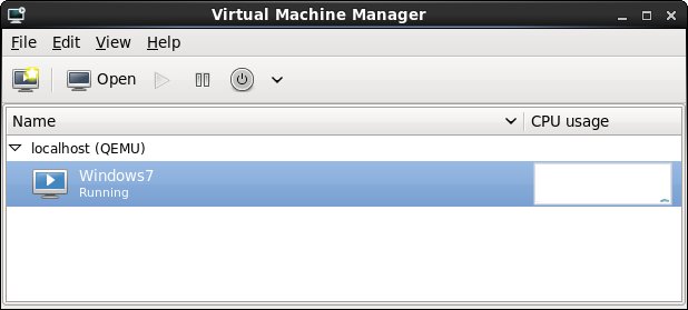 An RHEl 6 KVm virtual machine listed as running in virt-manager